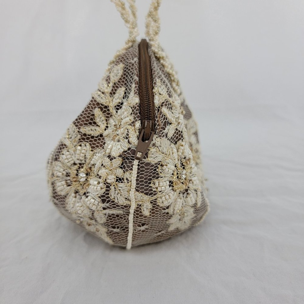 Satin Lace Pearl Bead Brown Ivory/Gold Wedding/Cocktail Small Ball Handbag Purse - Picture 9 of 12